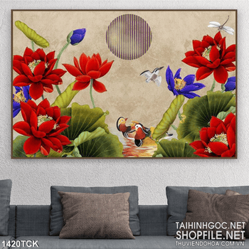 Tranh hoa sen đỏ