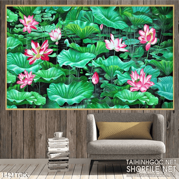 Tranh in tường đầm sen hồng