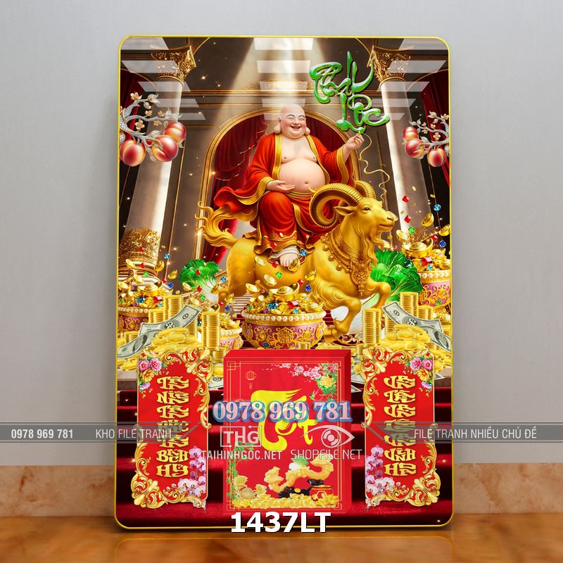 File psd layer lịch Tết di lặc cưỡi con dê vàng gold phát lộc 1437LT