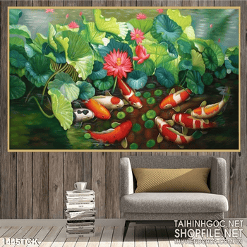 Tranh hoa sen và cá Koi trong đầm