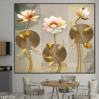 Tranh hoa sen và cá 3 khung hình