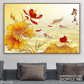Tranh hoa sen đỏ và cá chép