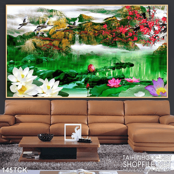 Tranh hoa sen, cá chép và sơn thủy