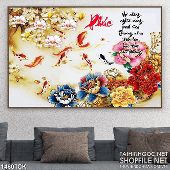 Tranh hoa mẫu đơn và cá Koi