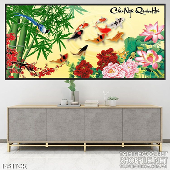Tranh mẫu đơn đỏ và cá Koi