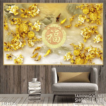 Tranh cá Koi và hoa hồng vàng