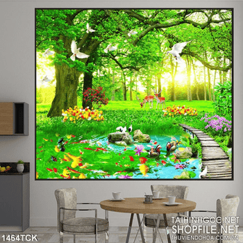 Tranh phong cảnh cá Koi trong hồ