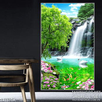 Tranh cá Koi dưới thác nước