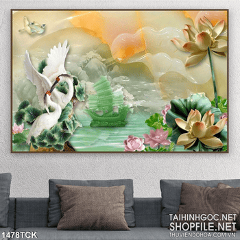 Tranh hạc bên hồ sen