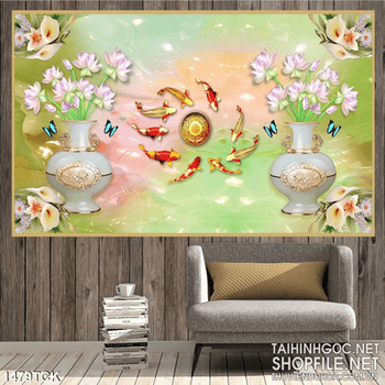 Tranh in màu cá Koi quây quần