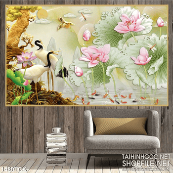 Tranh hạc bên sen