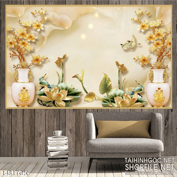 Tranh in tường sen và hoa mai