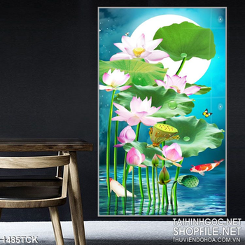 Tranh hoa sen và cá Koi thưởng trăng