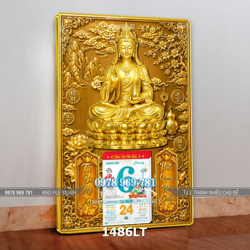 File lịch phật quan âm bồ tát chất liệu vàng gold Tết 2027 đinh mùi 1486LT