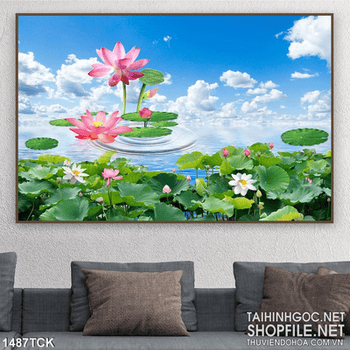 Tranh in tường sen trong hồ