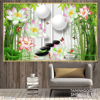Tranh hoa sen bên khóm trúc