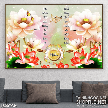 Tranh in tường hoa sen và bướm