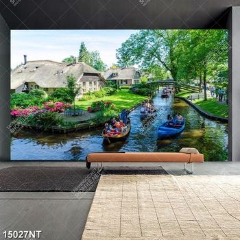 Tranh chèo thuyền trên sông quanh ngôi làng Châu Âu