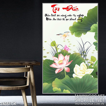 Tranh hoa sen chữ tài đức