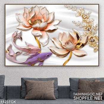 Tranh 3D hoa sen và cá Koi