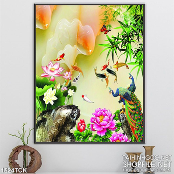 Tranh chim công và cá Koi
