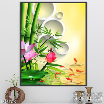Tranh sen hồng bên hồ trúc