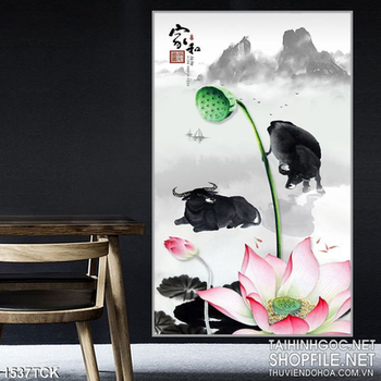 Tranh màu nước sen và chú trâu