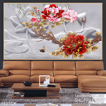 Tranh hoa sen, cá chép và mẫu đơn