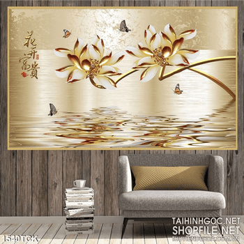 Tranh hoa sen 3D vàng