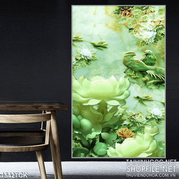 Tranh hoa sen xanh ngọc và chim