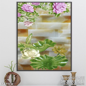 Tranh in kính hoa sen xanh trắng