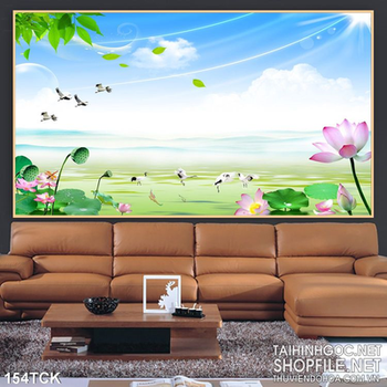 Tranh hoa sen, cá chép và chim hạc