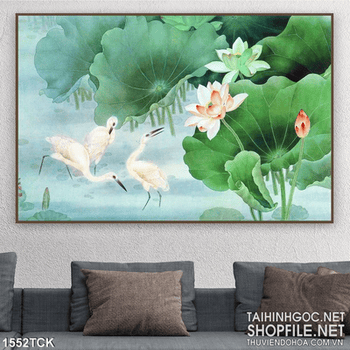 Tranh hoa sen và hạc in màu