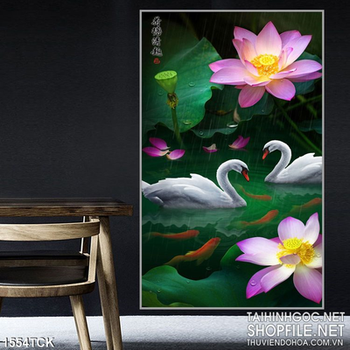 Tranh hoa sen tím và thiên nga