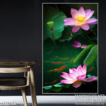 Tranh hoa sen tím trong hồ cá