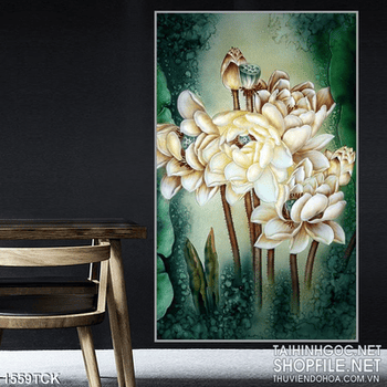 Tranh hoa sen trắng in canvas