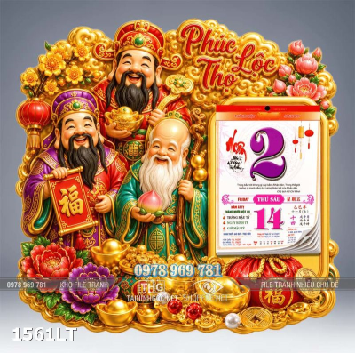 File psd lịch Tết phúc lộc thọ tam đa thần tài tài lộc di lặc năm mới in bế cnc 1561LT
