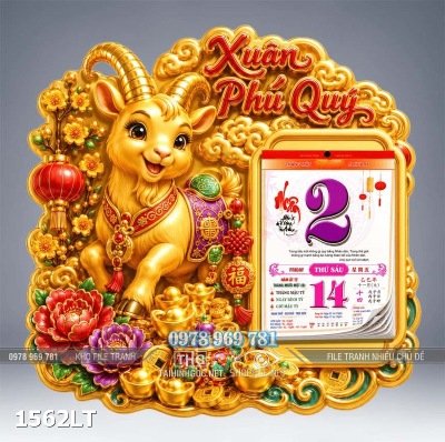 File psd lịch Tết con dê vàng đinh mùi 2027 phú quý năm mới in bế cnc 1562LT