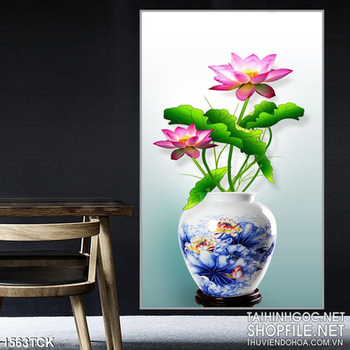 Tranh bình sen gốm xanh