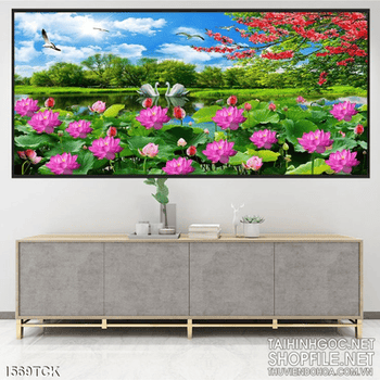 Tranh hoa sen hồng in lụa đẹp