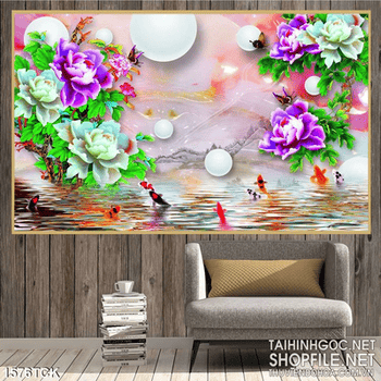 Tranh mẫu đơn tím và cá Koi