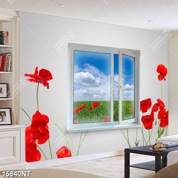 Tranh những bông hoa đỏ bên cửa sổ