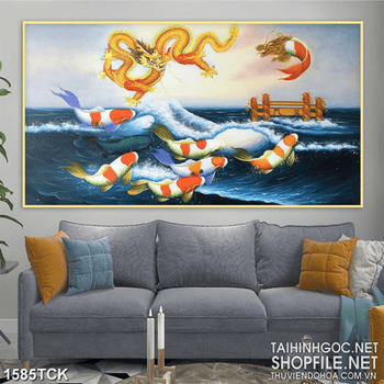 Tranh sơn dầu cá chép hóa rồng in uv treo tường