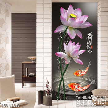 Tranh nghệ thuật sơn dầu cá chép bên hồ sen hồng