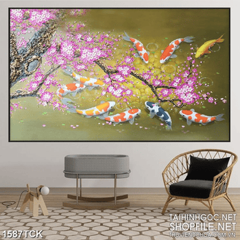 Tranh gốc cây đào nở trên đàn cá koi sơn dầu in canvas
