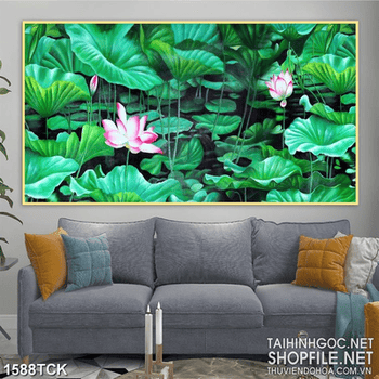 Tranh sơn dầu hoa sen sơn dầu phủ kín màu lá xanh in 3d