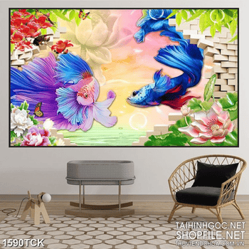Tranh đôi cá  sim betta bên hồ sen giả ngọc in treo tường
