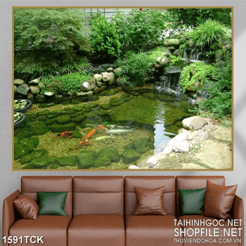 Tranh sơn dầu cá koi nhỏ trong khu vườn in dán tường
