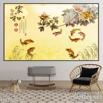 Tranh sơn dầu decor đàn cá chép bên cành hoa mẫu đơn