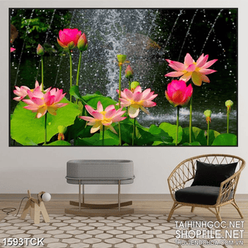Tranh hồ hoa sen sơn dầu trong đêm mưa gió trang trí